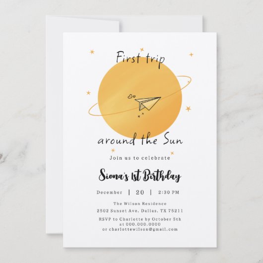 First Trip Around The Sun Paper Airplane Birthday Einladung (Vorderseite)