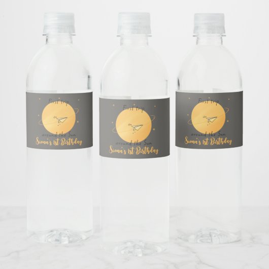 First Trip Around The Sun Paper Airplane Birthday Wasserflaschenetikett (Flaschen)