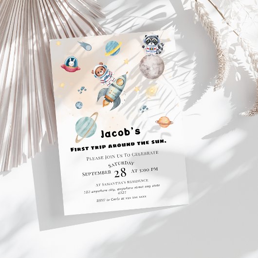 First Trip Around the Sun space Animals Birthday  Einladung