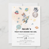 First Trip Around the Sun space Animals Birthday  Einladung (Vorderseite)