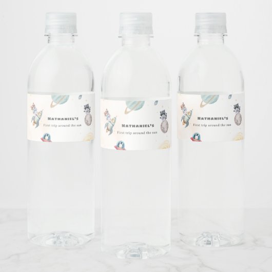 First Trip Around the Sun space animals Birthday  Wasserflaschenetikett (Flaschen)