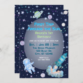 First Trip, Blue Green Space 1st Birthday  Einladung (Vorne/Hinten)