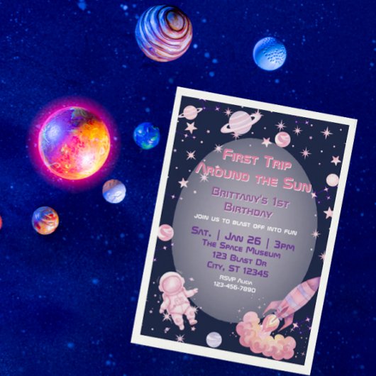 First Trip, Pink Purple Space 1st Birthday Einladung