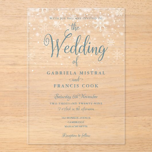 First Winter Snowflakes Elegantes Script Hochzeit Acryleinladungen (Vorderseite)