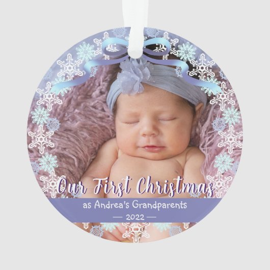First Xmas New Baby Großeltern Snowflakes Ribbon Ornament (Rückseite)