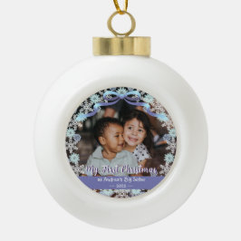 First Xmas Oma Snowflakes Ribbon Light Blue Keramik Kugel-Ornament