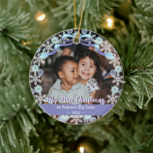 First Xmas Oma Snowflakes Ribbon Light Blue Keramik Ornament