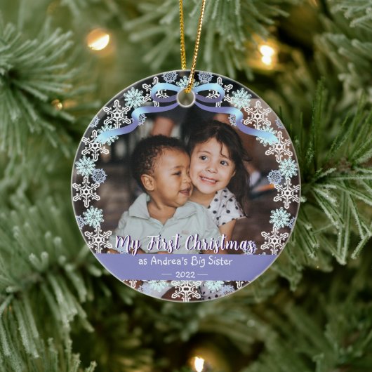 First Xmas Oma Snowflakes Ribbon Light Blue Keramik Ornament (Baum)
