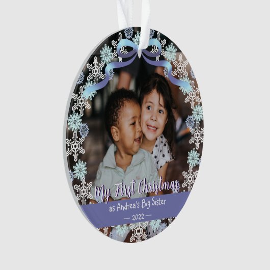 First Xmas Oma Snowflakes Ribbon Light Blue Ornament (Vorderseite)