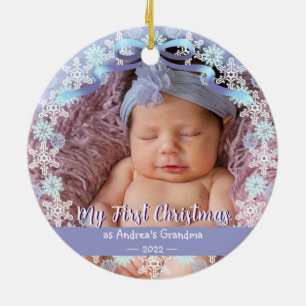 First Xmas Oma Snowflakes Soft Blue Lila Keramik Ornament
