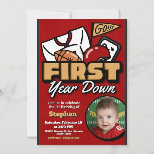 First Year Down - Football with Photo Einladung (Vorderseite)