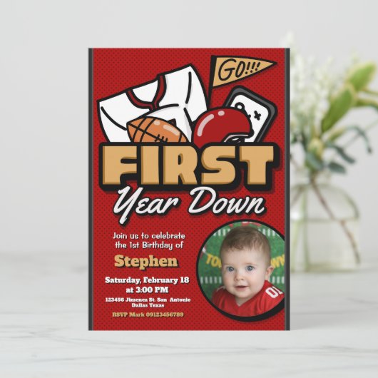 First Year Down - Football with Photo Einladung (Stehend Vorderseite)