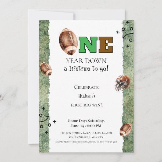 First Year Down Invitation • Football 1st Birthday Einladung (Vorderseite)