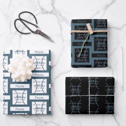 Fisces Zodiac Sign Fusion Zitat Moderner blauer Te Geschenkpapier Set (Vorderseite)