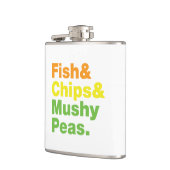 Fisch & Chips & Mushy Peas. Flachmann (Links)