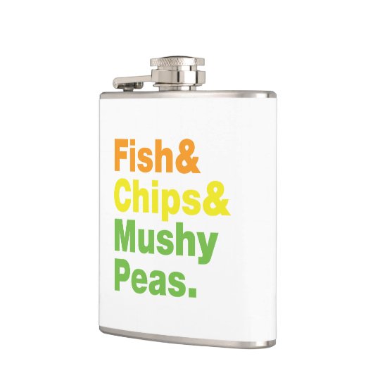Fisch & Chips & Mushy Peas. Flachmann (Links)