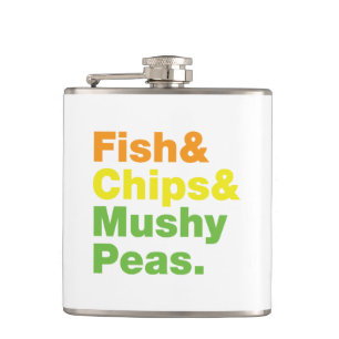 Fisch & Chips & Mushy Peas. Flachmann
