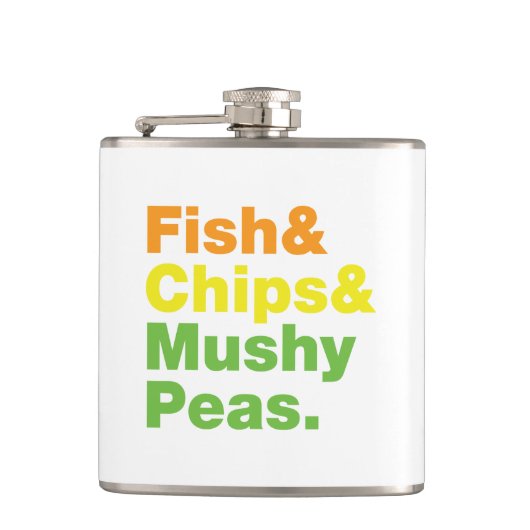 Fisch & Chips & Mushy Peas. Flachmann (Vorderseite)