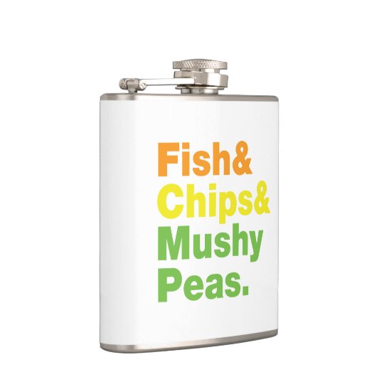 Fisch & Chips & Mushy Peas. Flachmann (Rechts)