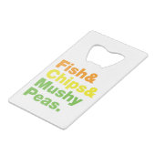 Fisch & Chips & Mushy Peas. Geldbeutel Flaschenöffner (Vorderseite Schrägansicht)