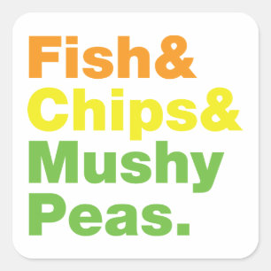 Fisch & Chips & Mushy Peas. Quadratischer Aufkleber