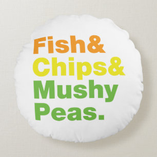 Fisch & Chips & Mushy Peas. Rundes Kissen