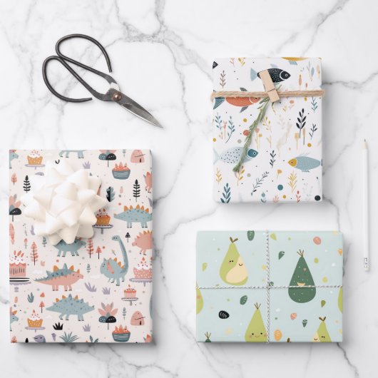 Fisch, Dinos und Avo Geschenkpapier Set (Vorderseite)