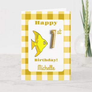 Fisch & Gelb Gingham Ballon Nummer 1. Geburtstag Karte