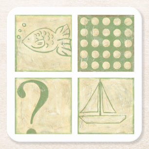 Fisch-Geschichte Woodblock Zeichnungen von Rechteckiger Pappuntersetzer