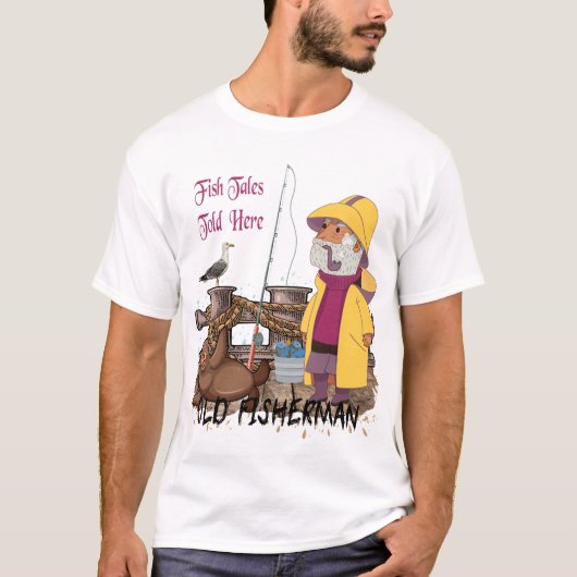 Fisch-Geschichten erklärten hier - altem Fischer T-Shirt (Vorderseite)