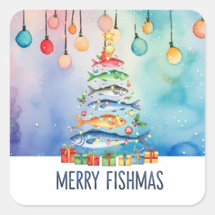Fisch Merry Fishmas Weihnachtsbaum Quadratischer Aufkleber