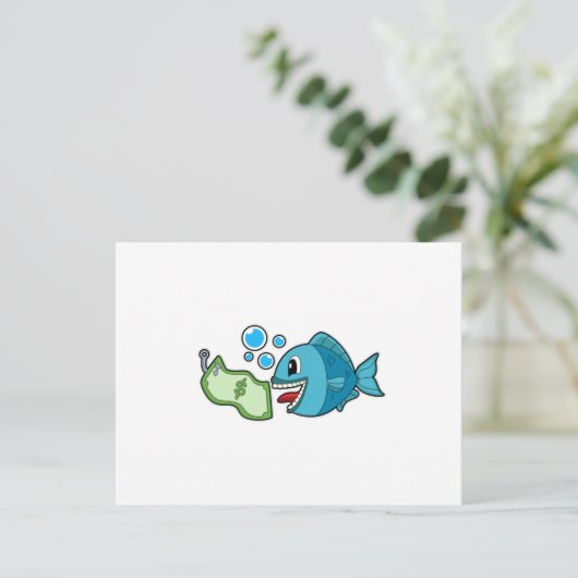 Fisch mit Banknote Postkarte (Stehend Vorderseite)