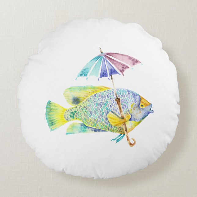 Fisch mit Regenschirm Rundes Kissen (Vorderseite)