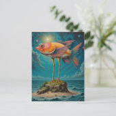 Fisch mit Vogelleinen auf winziger Insel Surreal Postkarte (Stehend Vorderseite)