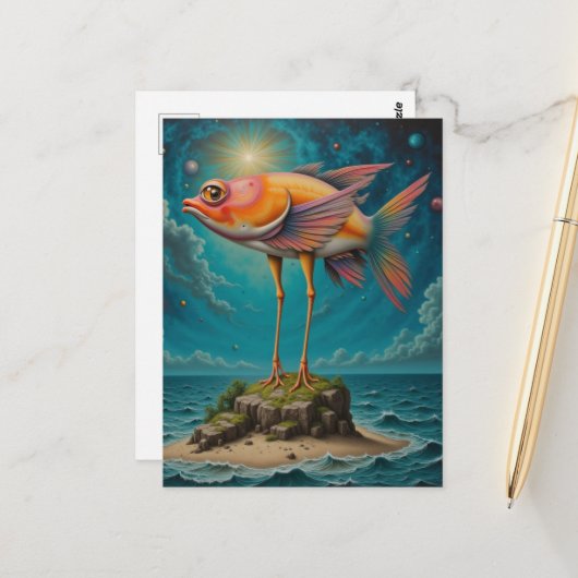 Fisch mit Vogelleinen auf winziger Insel Surreal Postkarte (Vorderseite/Rückseite Beispiel)
