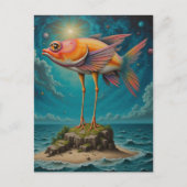 Fisch mit Vogelleinen auf winziger Insel Surreal Postkarte (Vorderseite)
