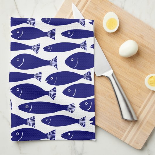 Fisch-Muster - dunkelblau auf Weiß Geschirrtuch (Viertel Falte)