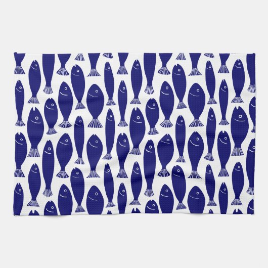 Fisch-Muster - dunkelblau auf Weiß Geschirrtuch (Horizontal)