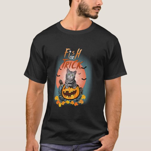 Fisch oder Behandle schwarze Katze Kürbis Streich T-Shirt (Vorderseite)