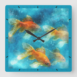 FISCH SCHWIMMEN.  ORANGE FISH. QUADRATISCHE WANDUHR