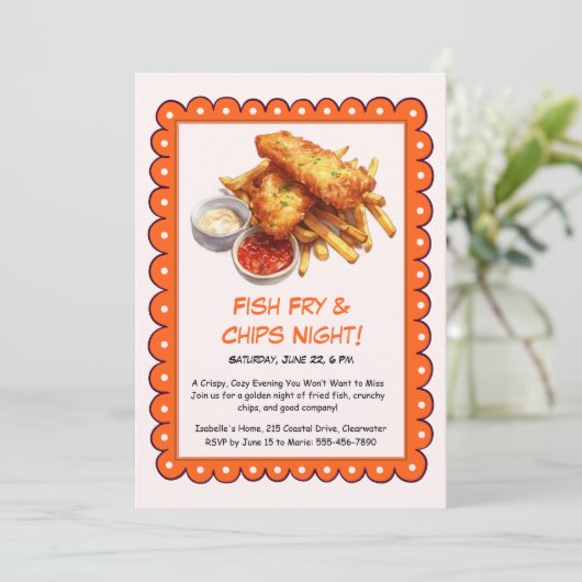 Fisch und Chips - Lässige Meeresfrüchte Party Einl Einladung (Stehend Vorderseite)