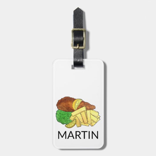 Fisch und Chips Mushy Peas British Pub Fare UK Foo Gepäckanhänger (Vorderseite vertikal)