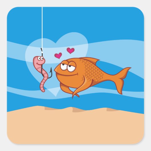 Fisch und Köder in Liebe Quadratischer Aufkleber (Vorderseite)