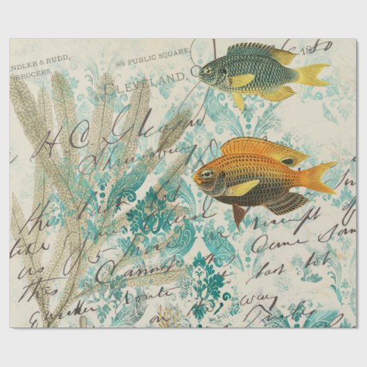 Fisch und Meeresalgen mit Schriftzeichen Geschenkpapier (Flach)