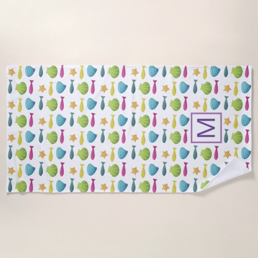 Fisch-und Muschel-Küste-Muster-Monogramm Strandtuch (Vorderseite)