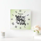 Fisch Zodiac Clock grüne römische Zahlen Quadratische Wanduhr (Zuhause)