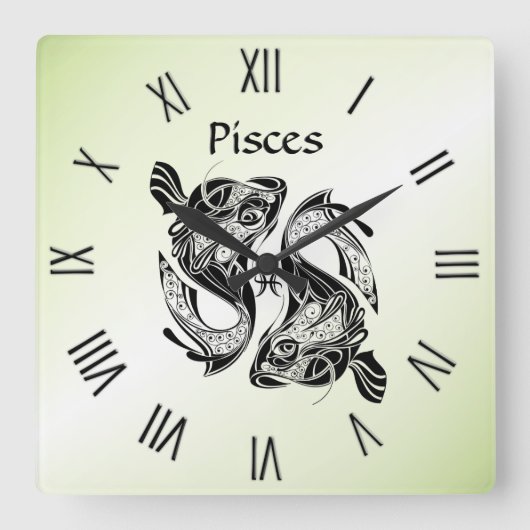 Fisch Zodiac Clock grüne römische Zahlen Quadratische Wanduhr (Vorderseite)