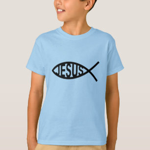 Fischartiger Jesus im Schwarzen T-Shirt