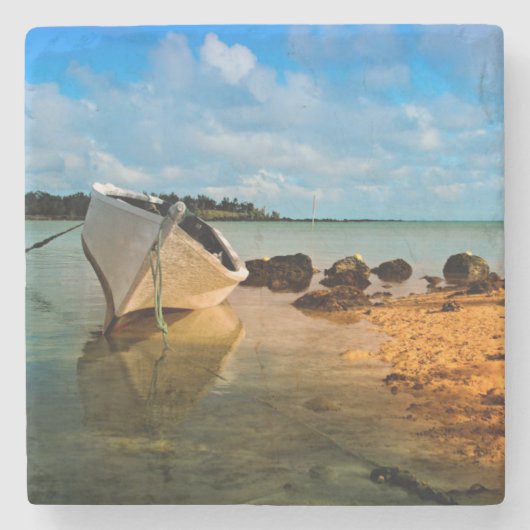 Fischboot an einem mauritianischen Strand mit Inse Steinuntersetzer (Vorderseite)