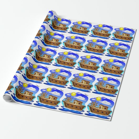 Fischboot Cartoon Geschenkpapier (Ungerollt)